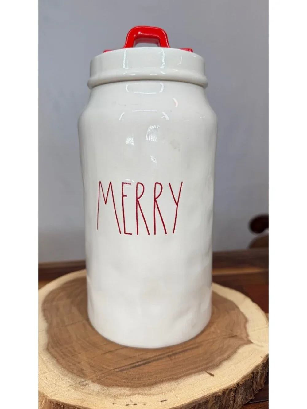 Rae Dunn MERRY Christmas Canister Red Handle Lid White Ceramic Farmhouse